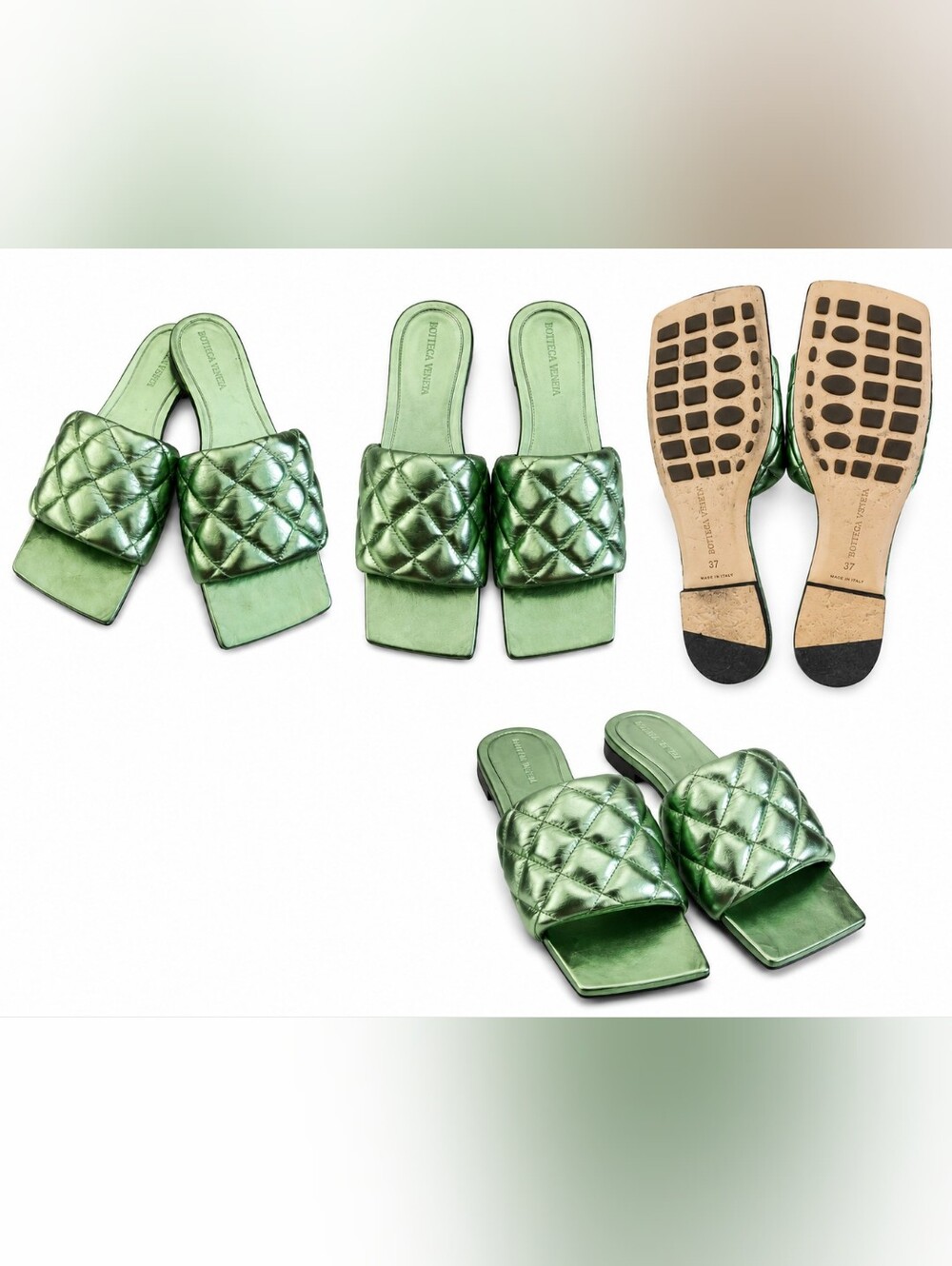 Bottega Veneta Metallic Green Quilted Slide Mules